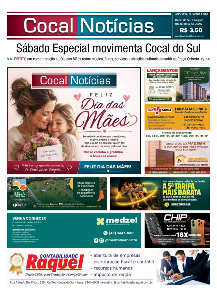 Capa da edição 08 de Maio 2026 do jornal Cocal Notícias