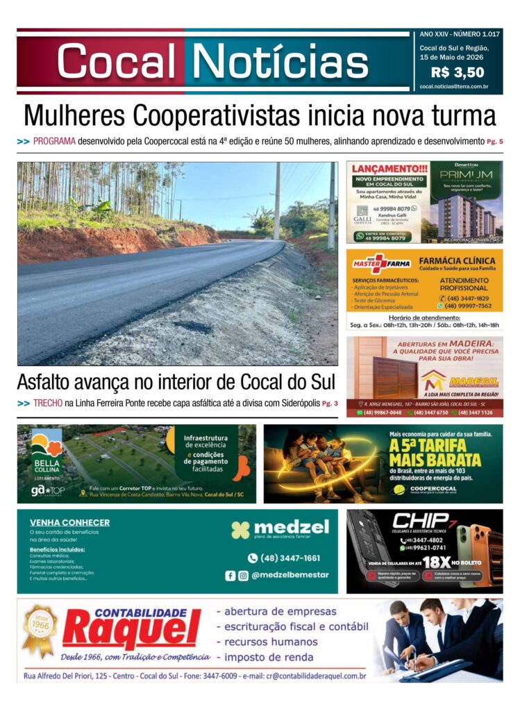 Capa da edição 15 de Maio 2026 do jornal Cocal Notícias