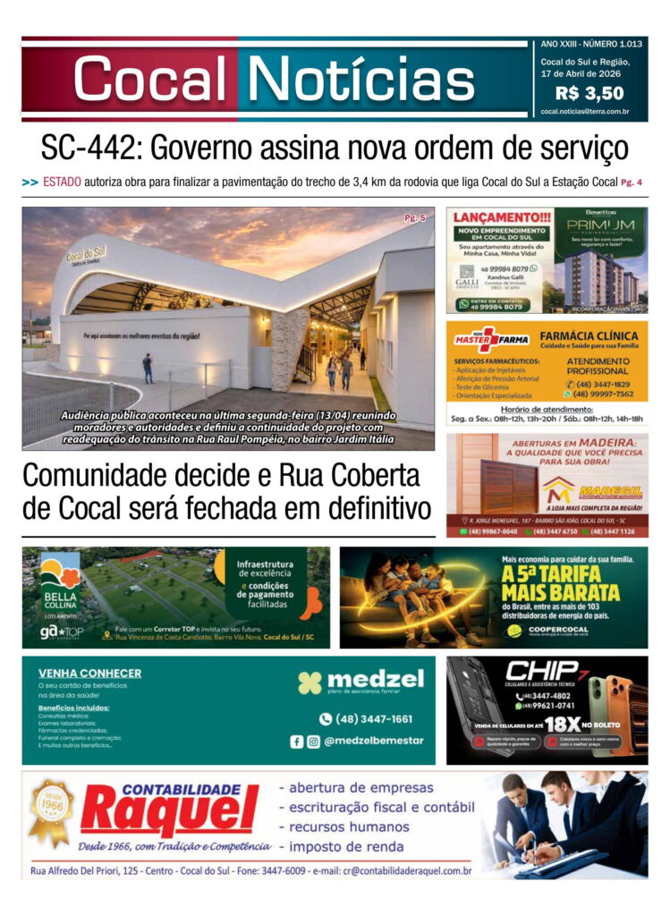 Capa da edição 17 de Abril 2026 do jornal Cocal Notícias
