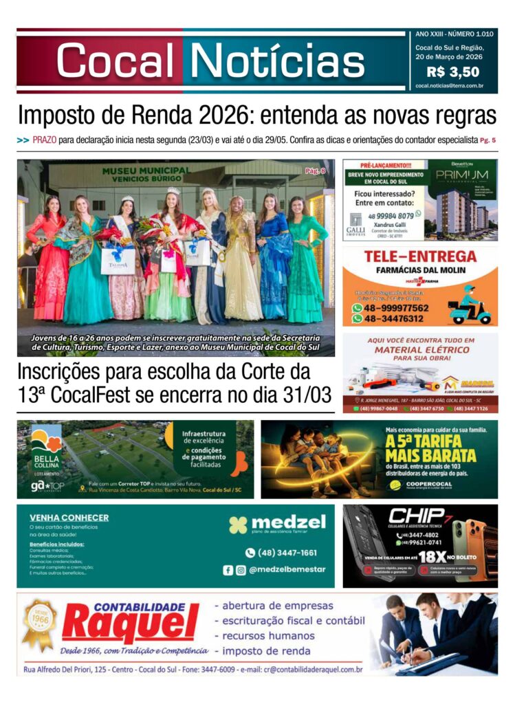 Capa da edição 20 de Março 2026 do jornal Cocal Notícias