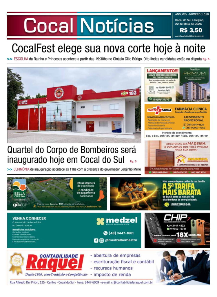 Capa da edição 22 de Maio 2026 do jornal Cocal Notícias