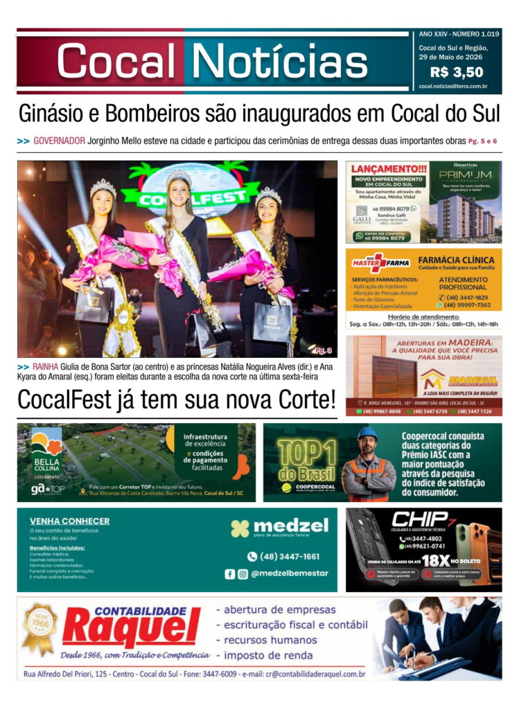 Capa da edição 29 de Maio 2026 do jornal Cocal Notícias