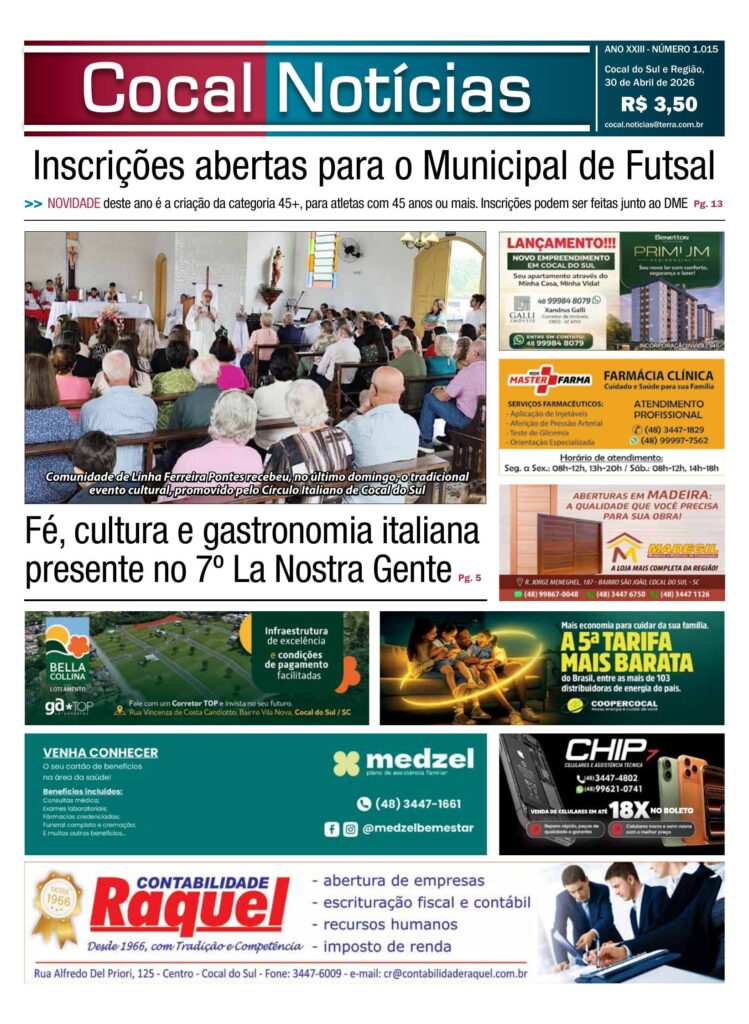 Capa da edição 30 de Abril 2026 do jornal Cocal Notícias