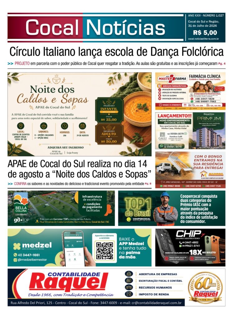 Capa da edição 31 de Julho 2026 do jornal Cocal Notícias