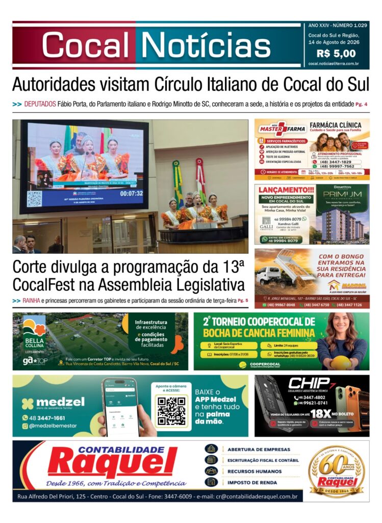Capa da edição 14 de Agosto 2026 do jornal Cocal Notícias