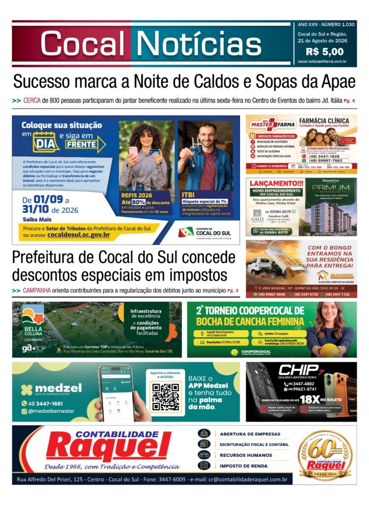 Capa da edição 21 de Agosto 2026 do jornal Cocal Notícias