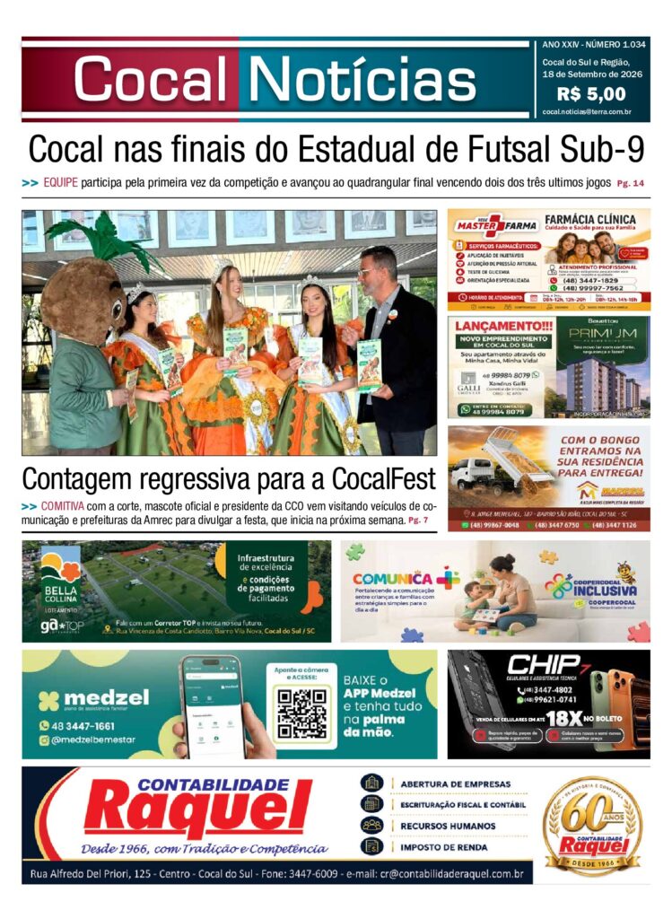 Capa da edição de 18 de setembro de 2026 do jornal Cocal Notícias