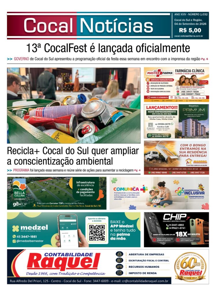 Capa da edição 04 de Setembro 2026 do jornal Cocal Notícias